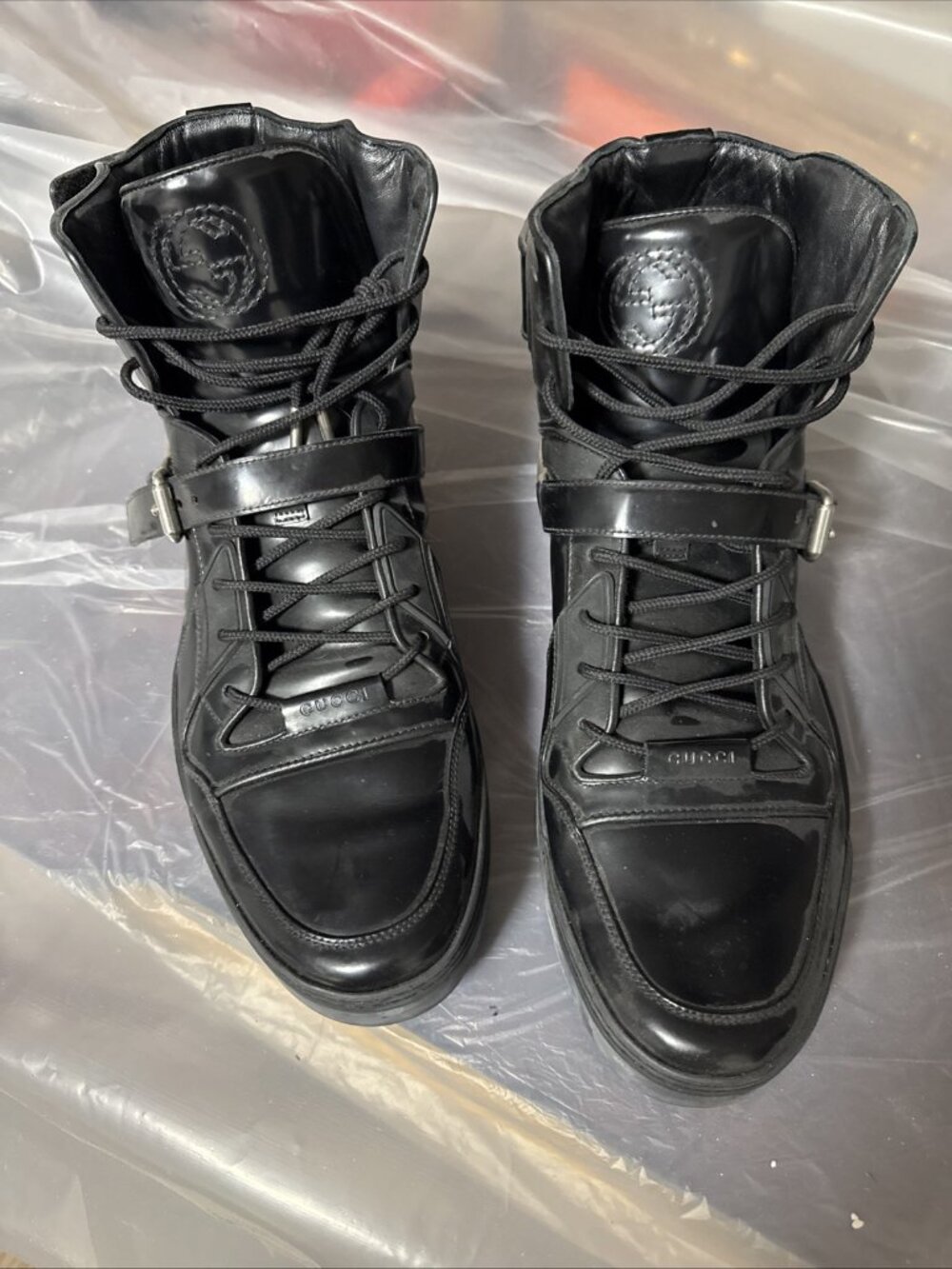 Gucci Black Buckle-Strap High-Tops Sneakers (Gucci 14, US 15 Mens) Gucci Black